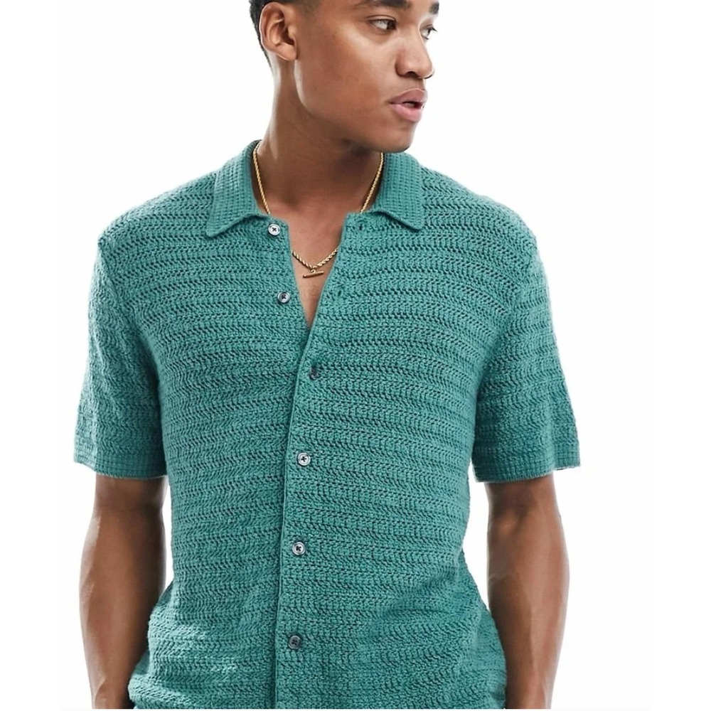 Abercrombie & Fitch Mens XXL Green Crochet Knit Button Up Shirt 120S0792
